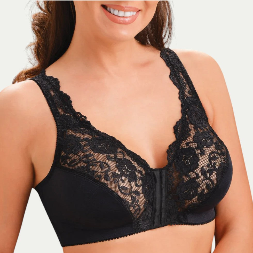 Women Lace Front Closure Push Up Bra Wireless Comfort