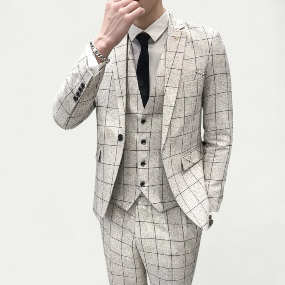 Three Piece Checked Slim Fit Suit with Waistcoat