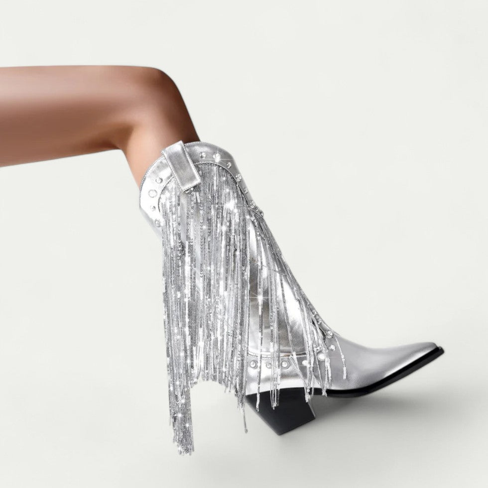 Orthopedic Silver Western Cowboy Boots with Fringe Detail