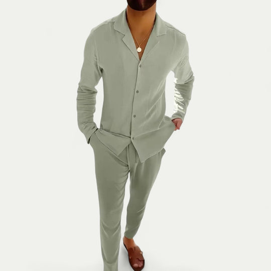 Linen Summer Set for Men Long Sleeve Shirt and Trousers