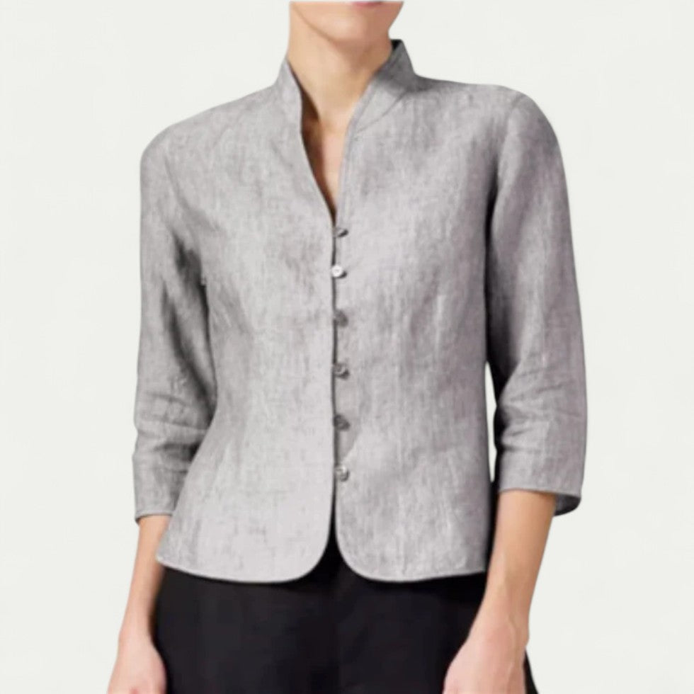Linen Womens Blouse with Stand Up Collar