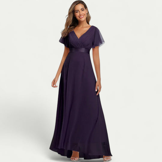 V Neck Chiffon Evening Dress with Flutter Sleeves for Formal Events