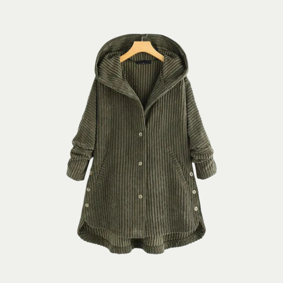 Corduroy Hooded Button Up Coat for Women