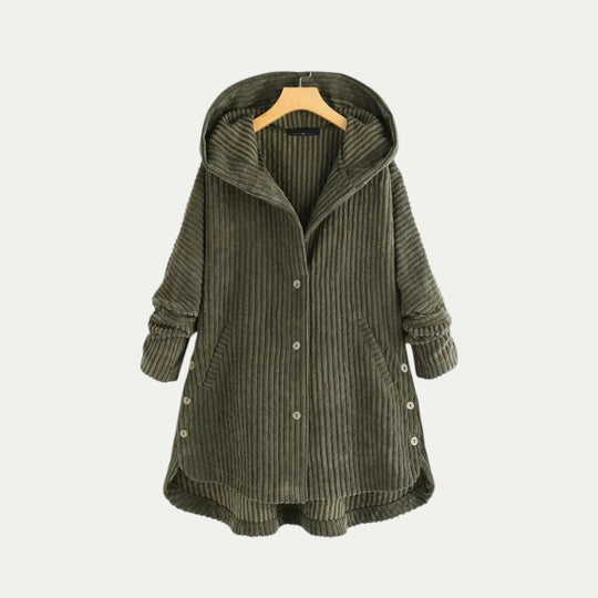Corduroy Hooded Button Up Coat for Women