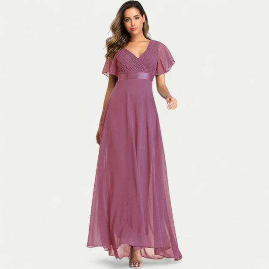 V Neck Chiffon Evening Dress with Flutter Sleeves for Formal Events