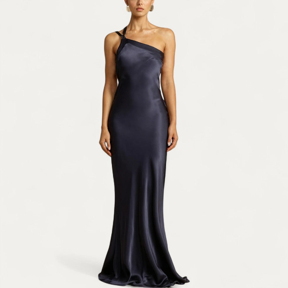 One Shoulder Satin Backless Evening Maxi Dress