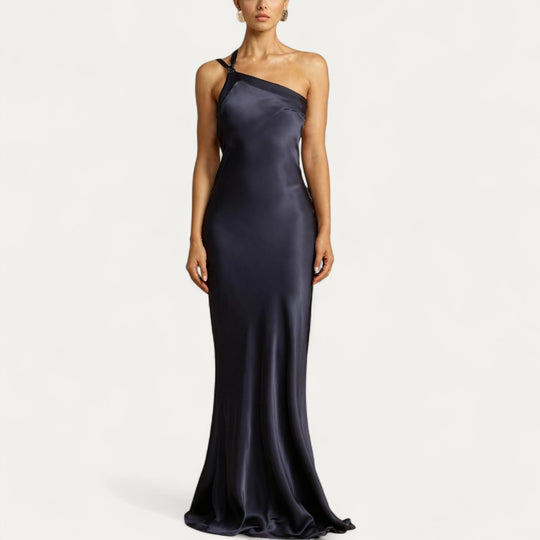 One Shoulder Satin Backless Evening Maxi Dress