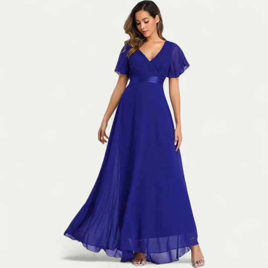 V Neck Chiffon Evening Dress with Flutter Sleeves for Formal Events