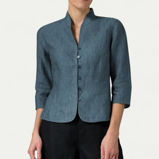 Linen Womens Blouse with Stand Up Collar