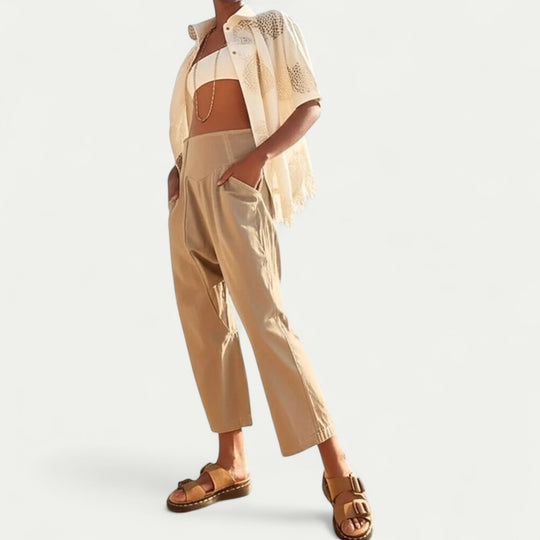 High Waist Cotton Linen Blend Wide Leg Trousers for Women