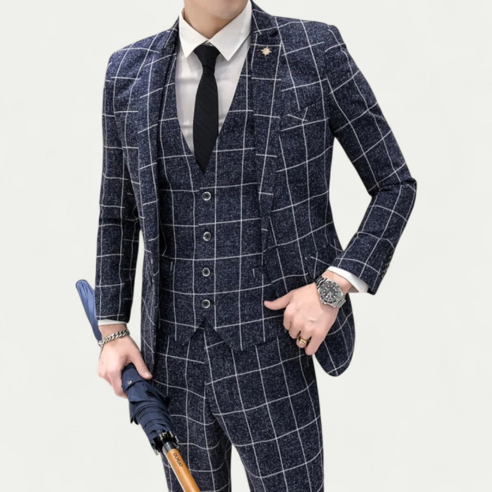 Three Piece Checked Slim Fit Suit with Waistcoat
