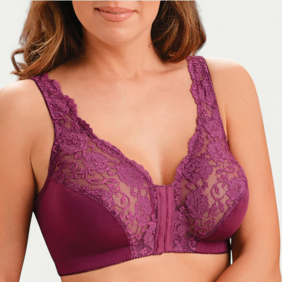 Women Lace Front Closure Push Up Bra Wireless Comfort