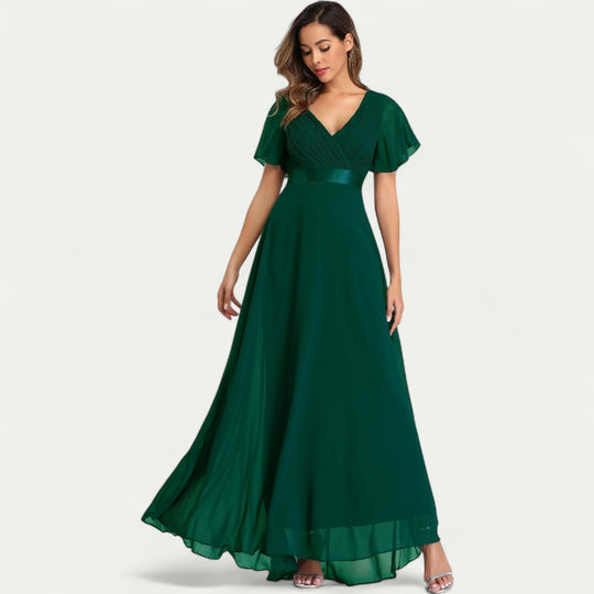 V Neck Chiffon Evening Dress with Flutter Sleeves for Formal Events