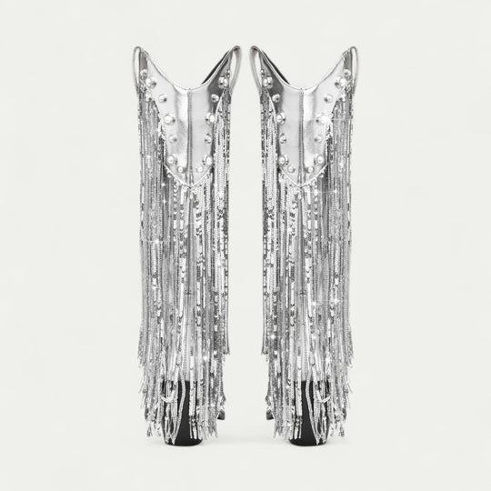Orthopedic Silver Western Cowboy Boots with Fringe Detail
