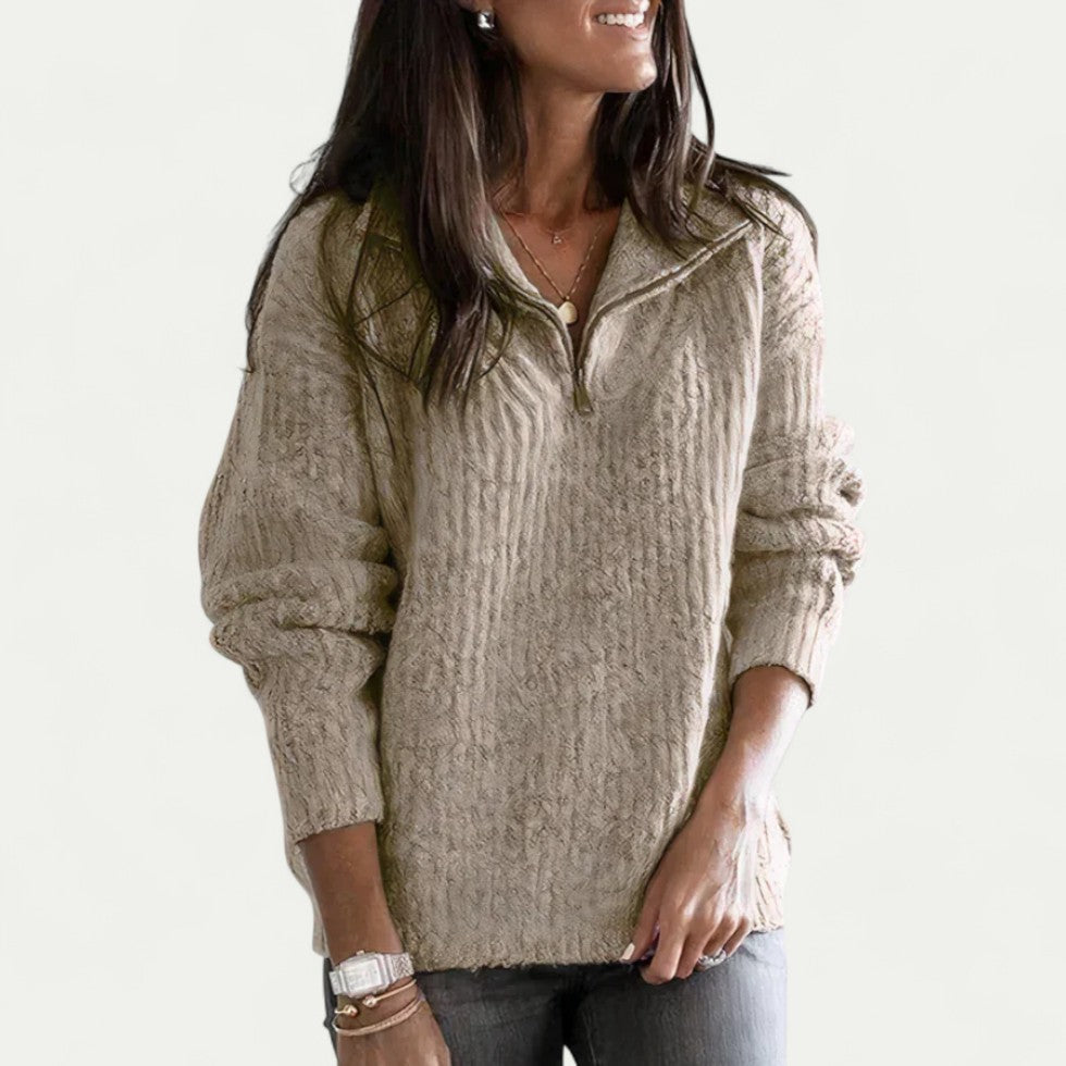 Women Knitted Half Zip Cable Sweater