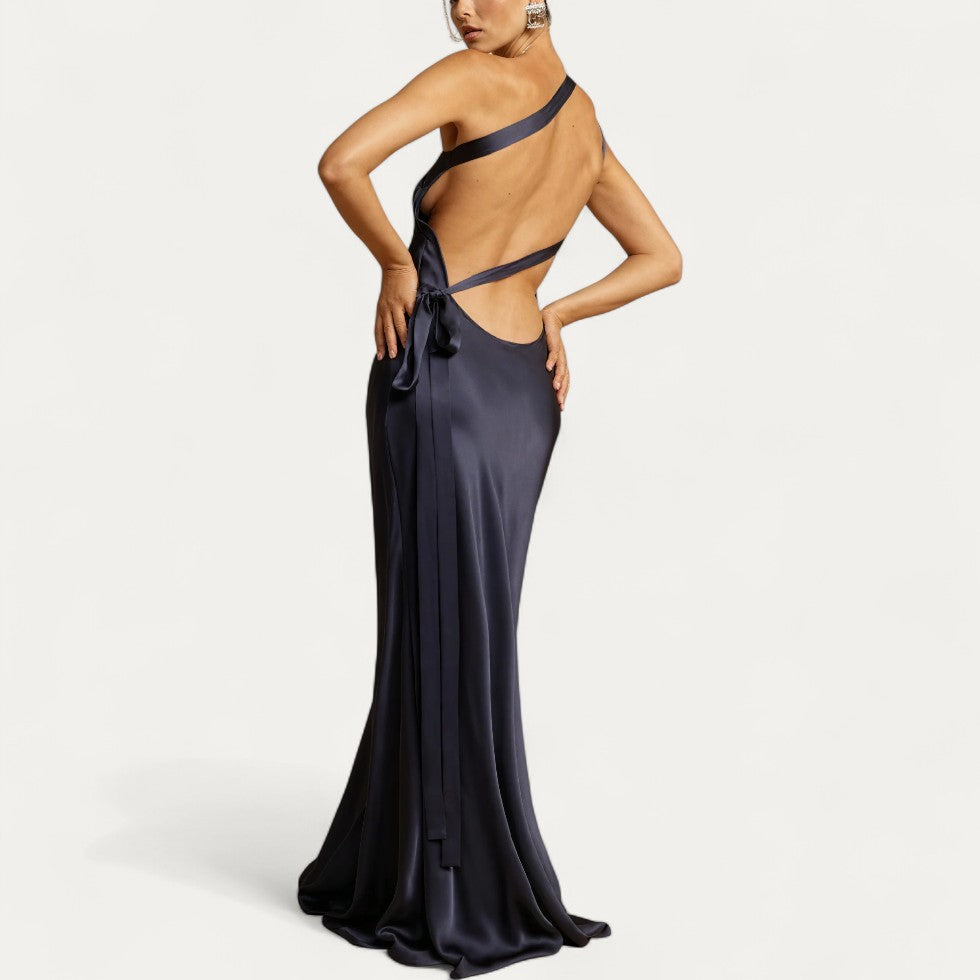 One Shoulder Satin Backless Evening Maxi Dress