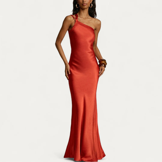 One Shoulder Satin Backless Evening Maxi Dress