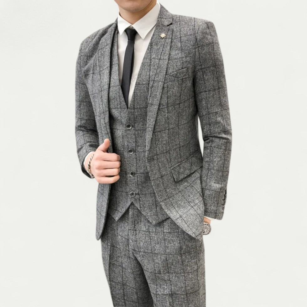 Three Piece Checked Slim Fit Suit with Waistcoat
