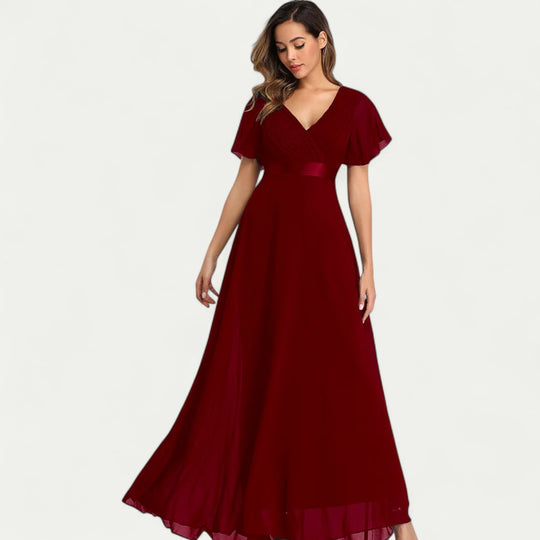 V Neck Chiffon Evening Dress with Flutter Sleeves for Formal Events