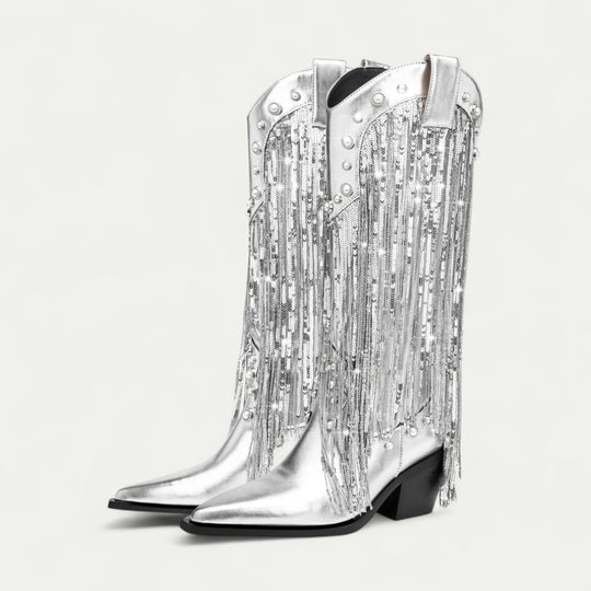 Orthopedic Silver Western Cowboy Boots with Fringe Detail