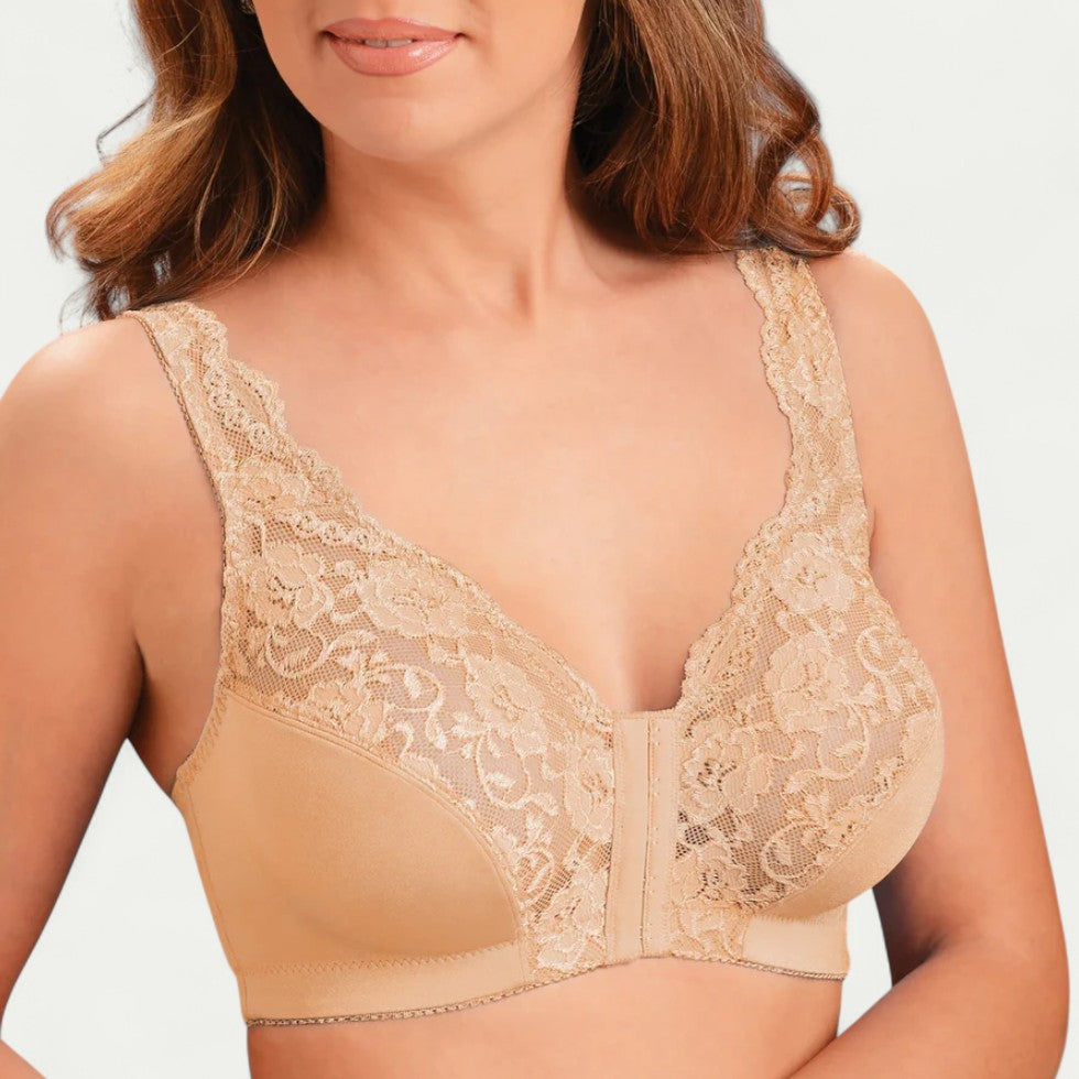 Women Lace Front Closure Push Up Bra Wireless Comfort