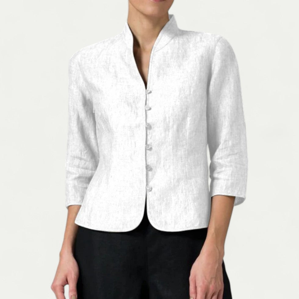 Linen Womens Blouse with Stand Up Collar