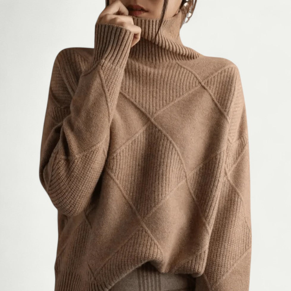 Knitted Diamond Pattern Turtleneck Jumper for Women