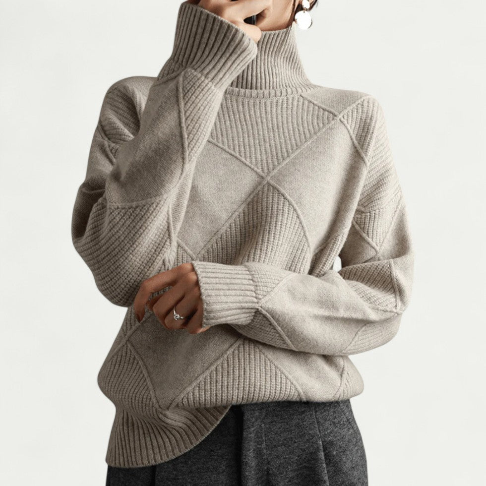 Knitted Diamond Pattern Turtleneck Jumper for Women
