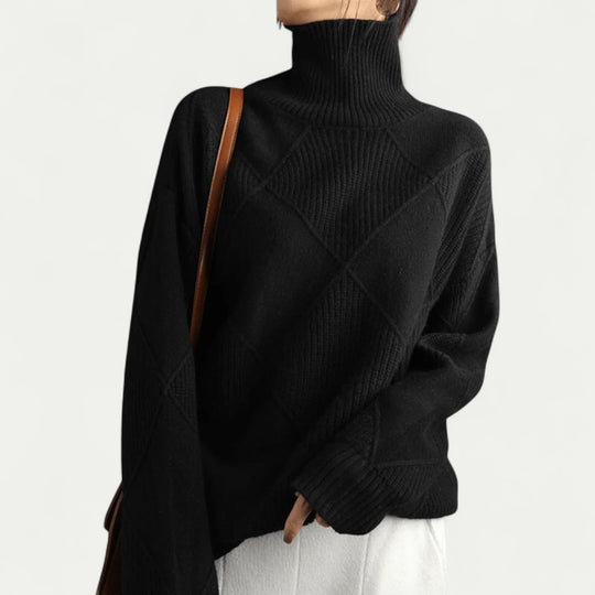 Knitted Diamond Pattern Turtleneck Jumper for Women