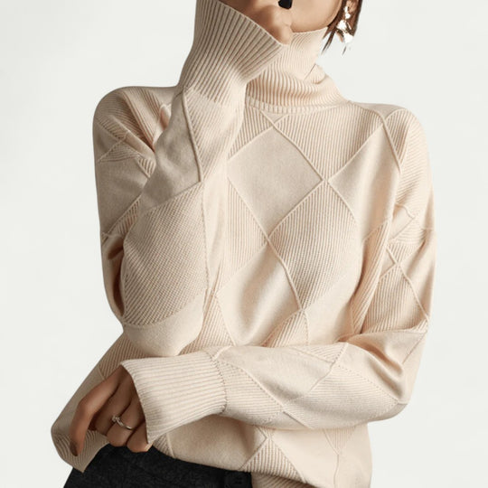 Knitted Diamond Pattern Turtleneck Jumper for Women