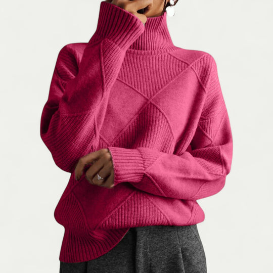 Knitted Diamond Pattern Turtleneck Jumper for Women