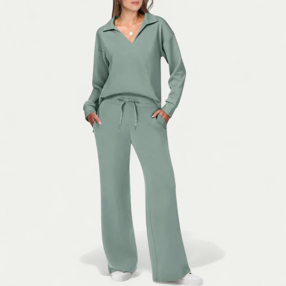 Women Two Piece Lounge Set with Wide Leg Trousers