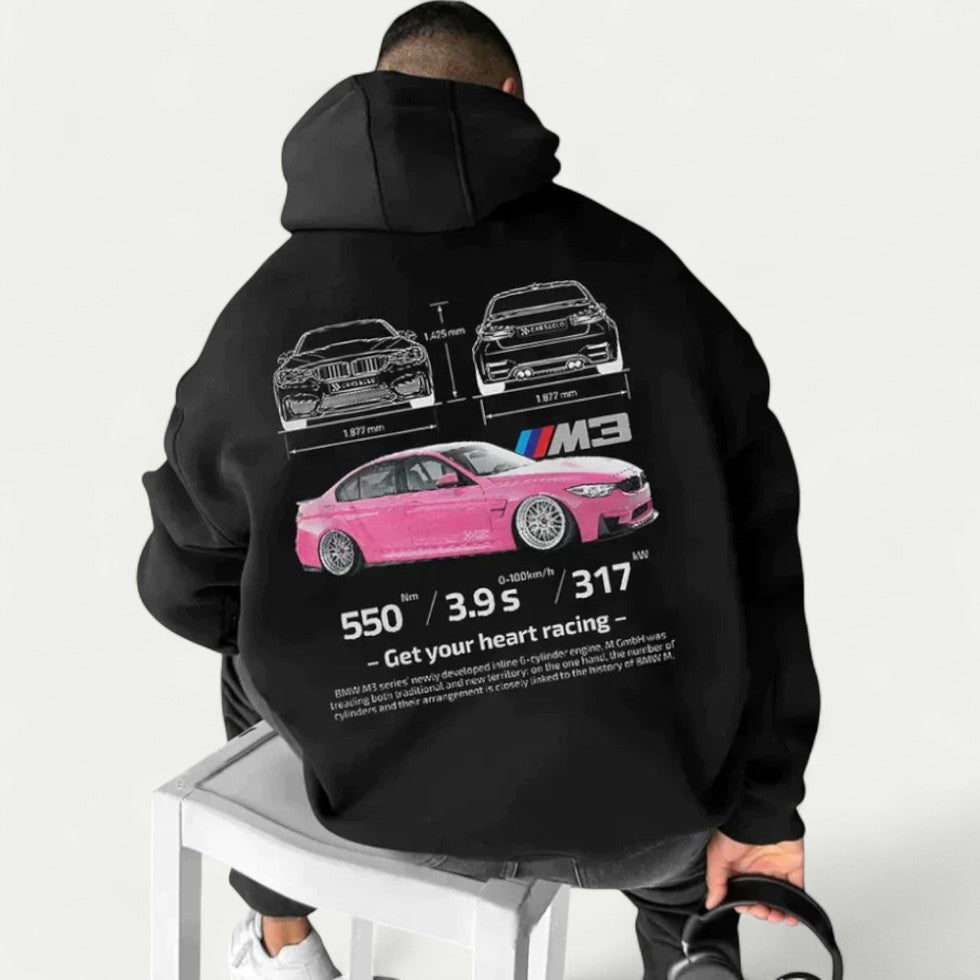 Oversized Cotton Blend Hoodie with Sports Car Graphic for Men