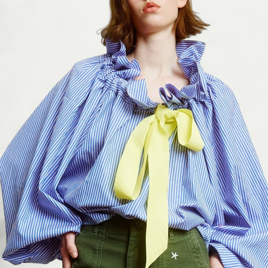 Ruffled Puff Sleeve Blouse with Bow Tie Detail