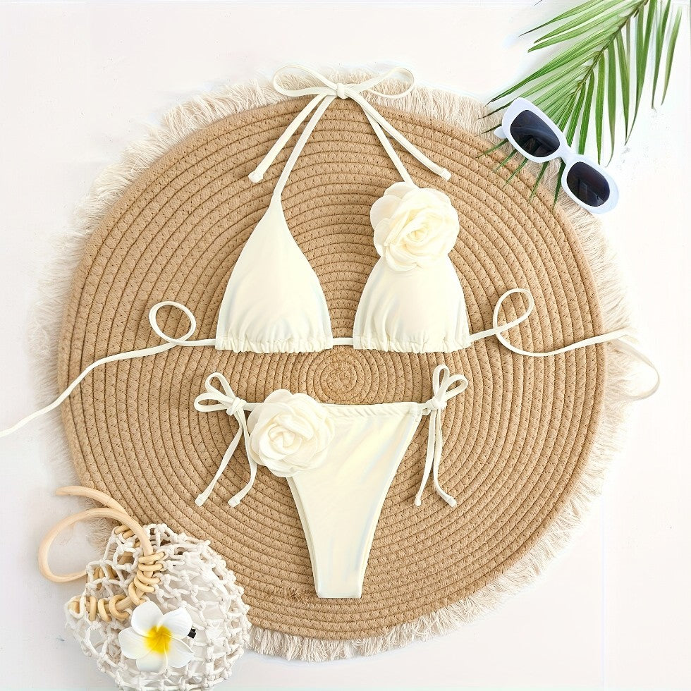 Romantic Triangle Bikini with 3D Rose Detail