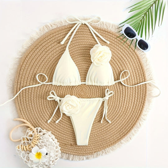Romantic Triangle Bikini with 3D Rose Detail