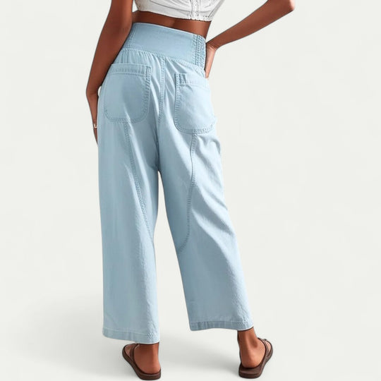 High Waist Cotton Linen Blend Wide Leg Trousers for Women