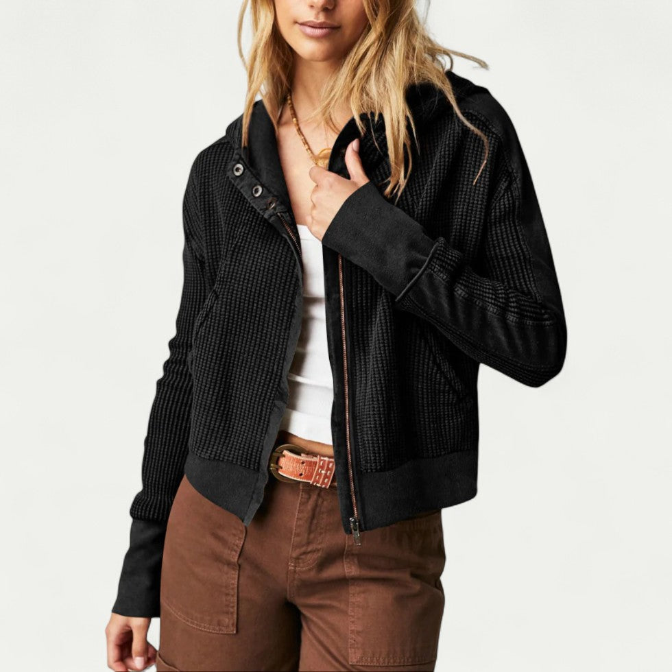Waffle Textured Zip Up Hoodie for Women