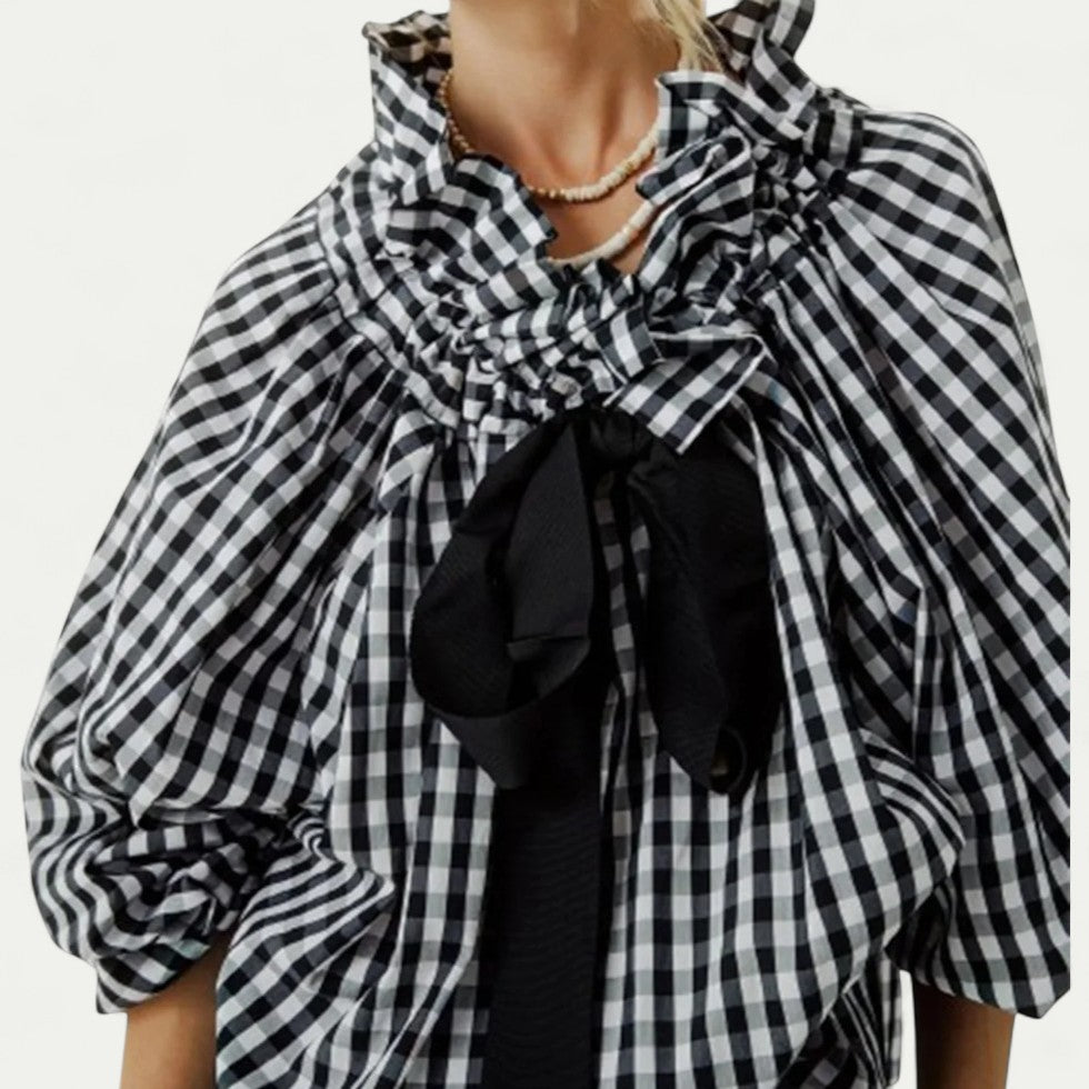 Ruffled Puff Sleeve Blouse with Bow Tie Detail