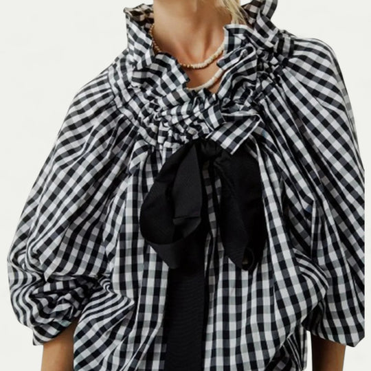 Ruffled Puff Sleeve Blouse with Bow Tie Detail