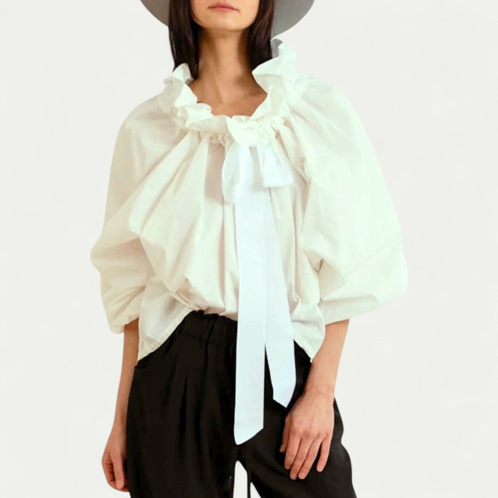 Ruffled Puff Sleeve Blouse with Bow Tie Detail
