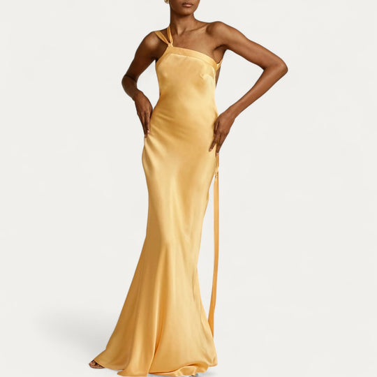 One Shoulder Satin Backless Evening Maxi Dress