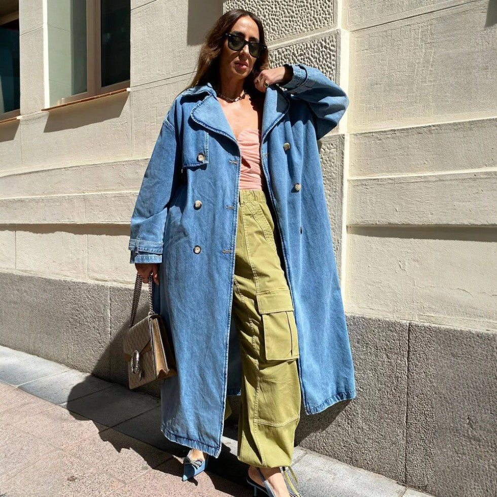 Women's Long Denim Trench Coat Casual Oversized Jacket