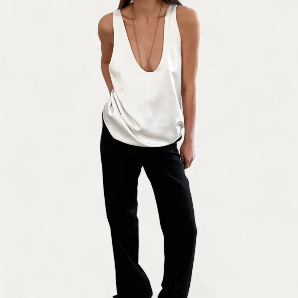 Satin Deep V Neck Sleeveless Tank Top for Women