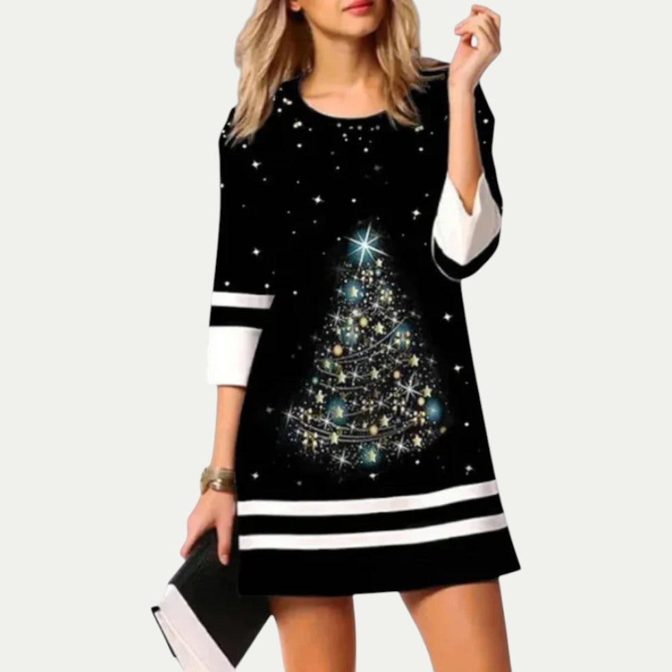 Women Christmas Print Long Sleeve Mini Dress