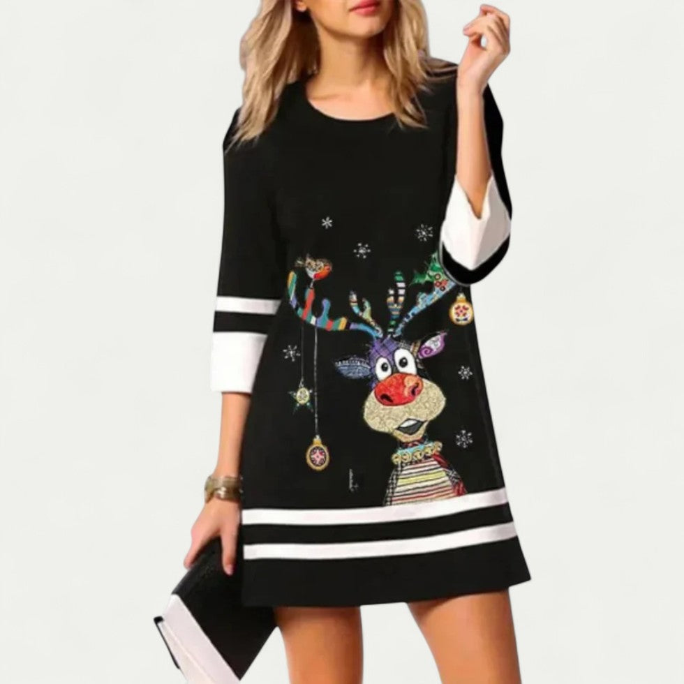 Women Christmas Print Long Sleeve Mini Dress