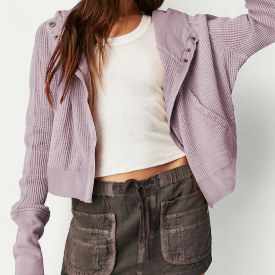 Waffle Textured Zip Up Hoodie for Women