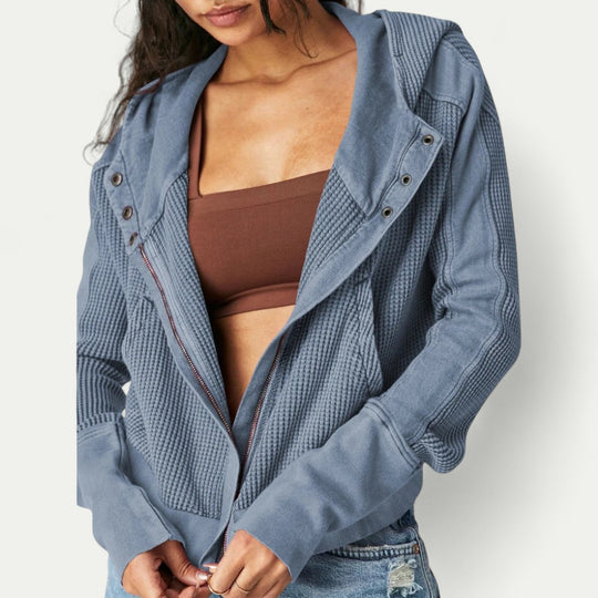 Waffle Textured Zip Up Hoodie for Women
