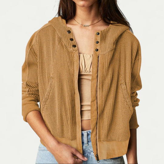 Waffle Textured Zip Up Hoodie for Women