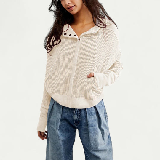 Waffle Textured Zip Up Hoodie for Women